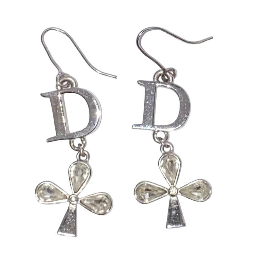 AUTH VTG Christian Dior Silver D Charm Logo Crystal Clover Dangle Hook Earrings